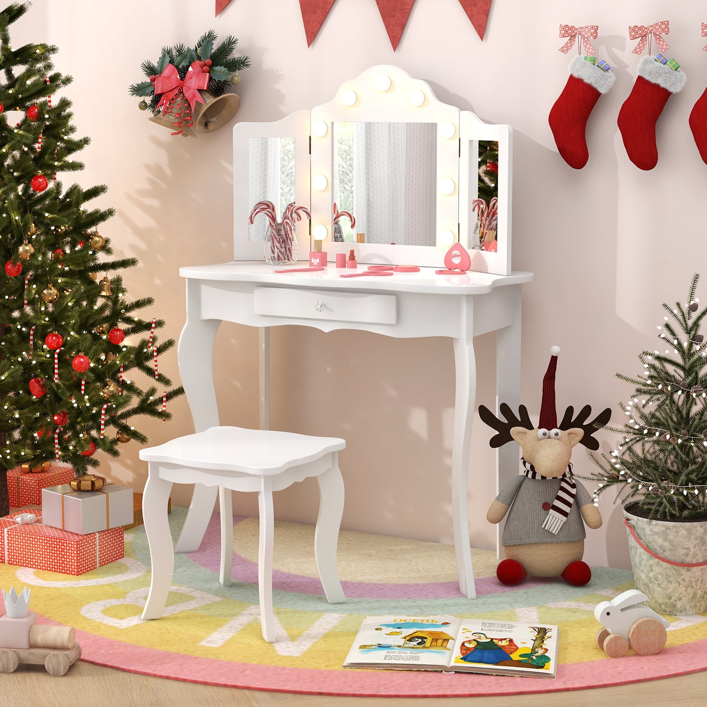 Kid Vanity Table Stool Set with Tri-Folding Mirror and 3-Color LED Lights-White Kids Crystal