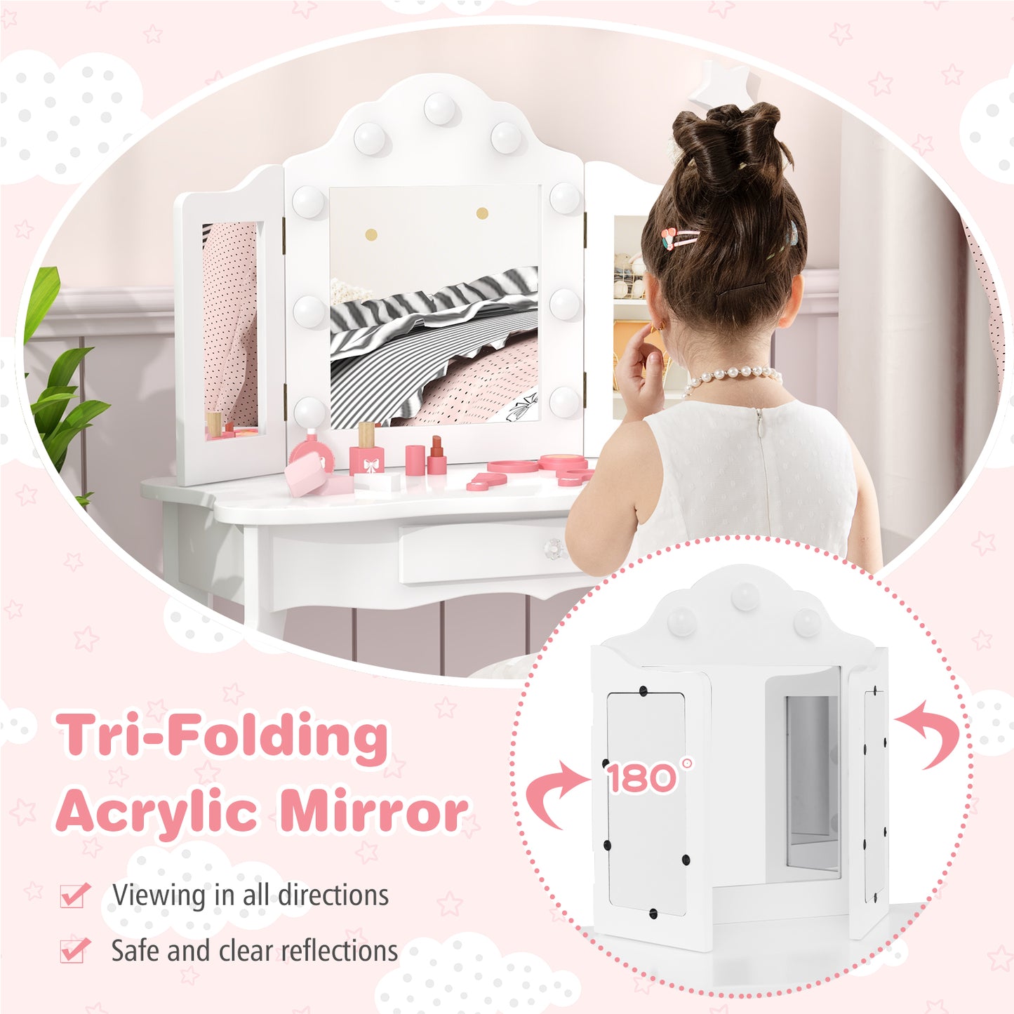Kid Vanity Table Stool Set with Tri-Folding Mirror and 3-Color LED Lights-White Kids Crystal
