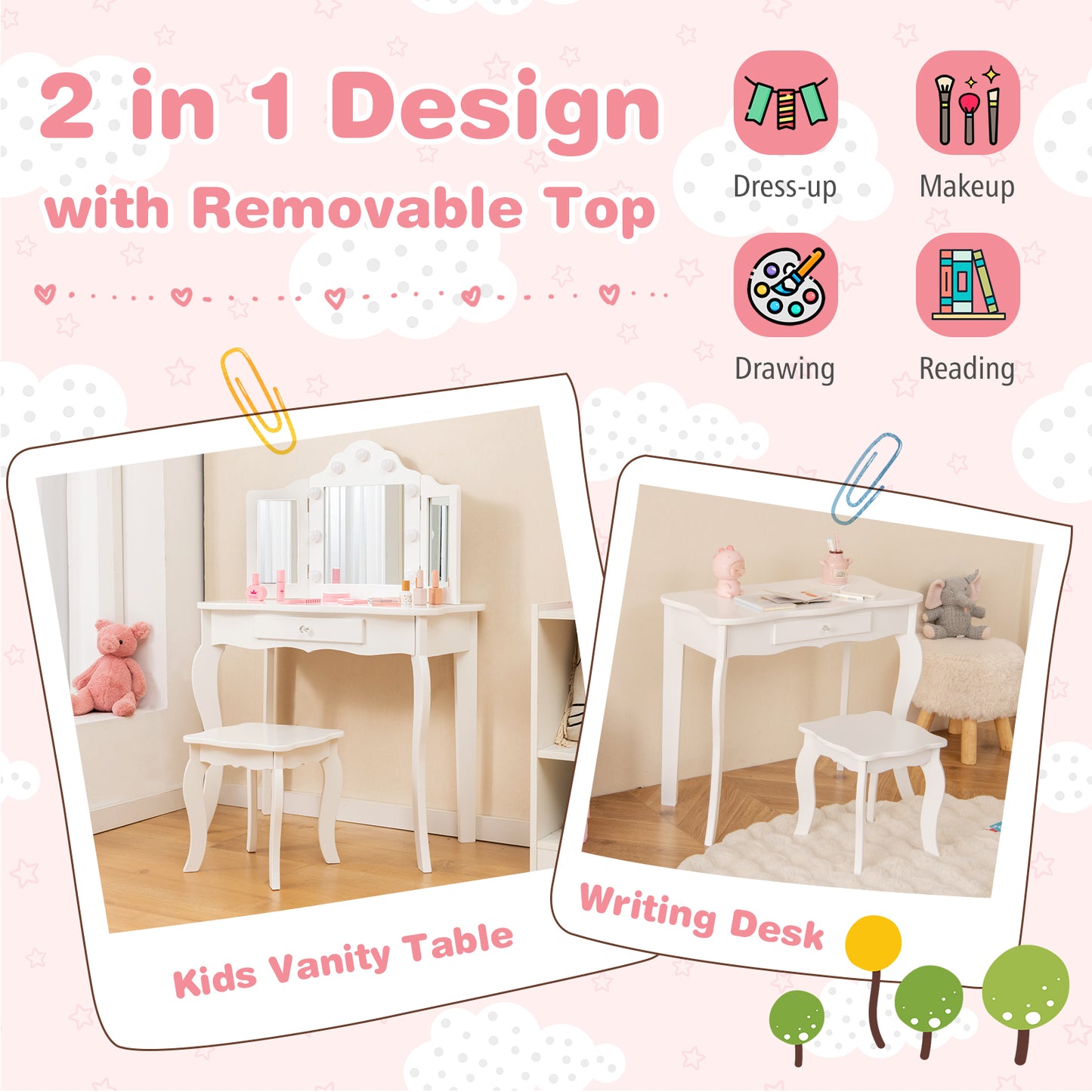 Kid Vanity Table Stool Set with Tri-Folding Mirror and 3-Color LED Lights-White Kids Crystal