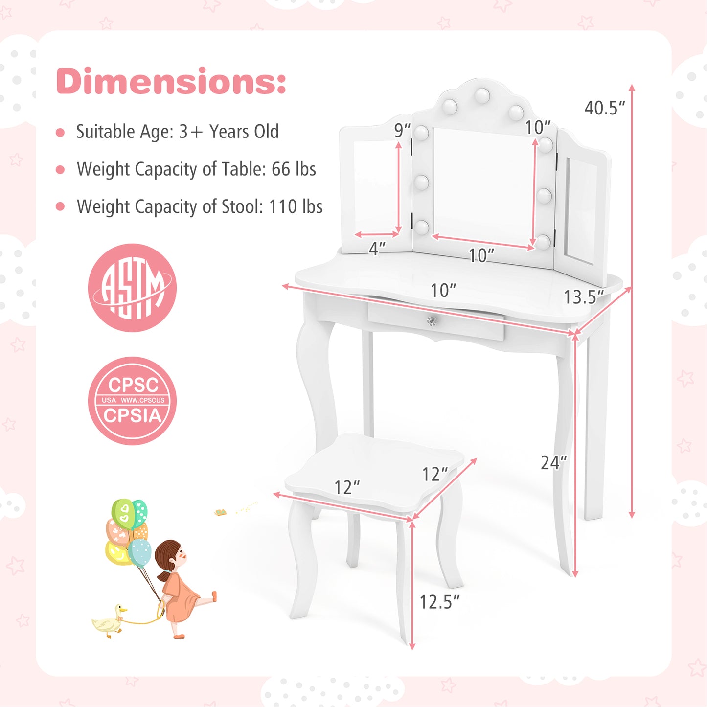 Kid Vanity Table Stool Set with Tri-Folding Mirror and 3-Color LED Lights-White Kids Crystal