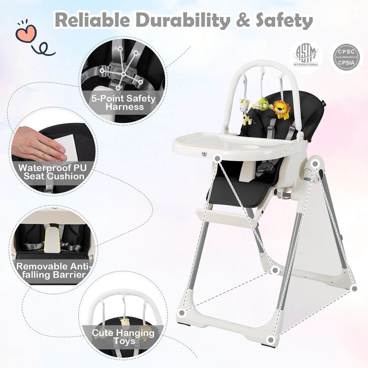 4-in-1 Foldable Baby High Chair with 7 Adjustable Heights and Free Toys Bar-Black Kids Crystal
