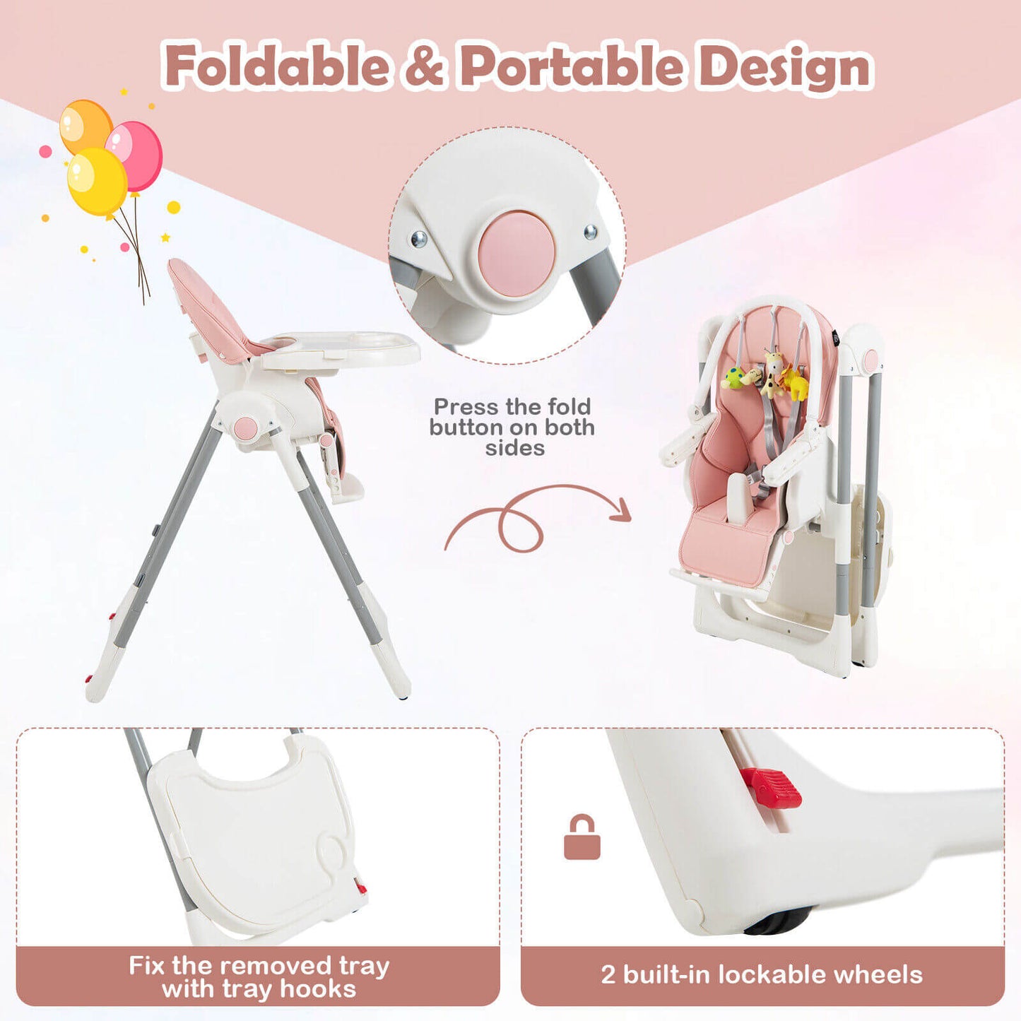4-in-1 Foldable Baby High Chair with 7 Adjustable Heights and Free Toys Bar-Pink Kids Crystal