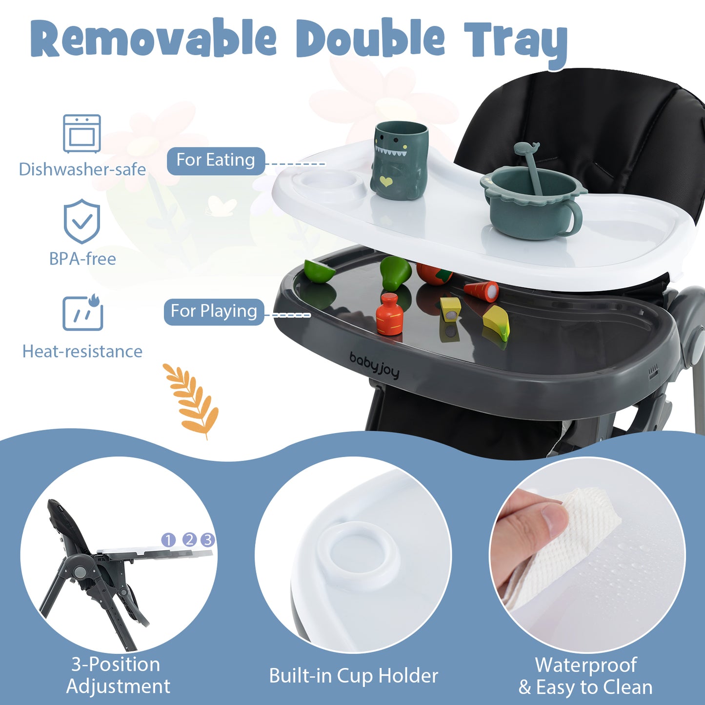 3-In-1 Convertible Baby High Chair for Toddlers-Black Kids Crystal