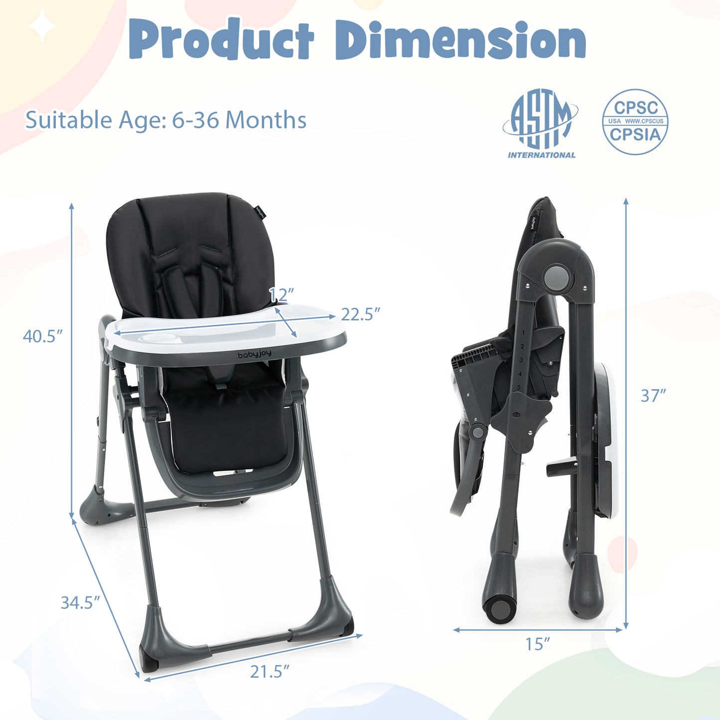 3-In-1 Convertible Baby High Chair for Toddlers-Black Kids Crystal