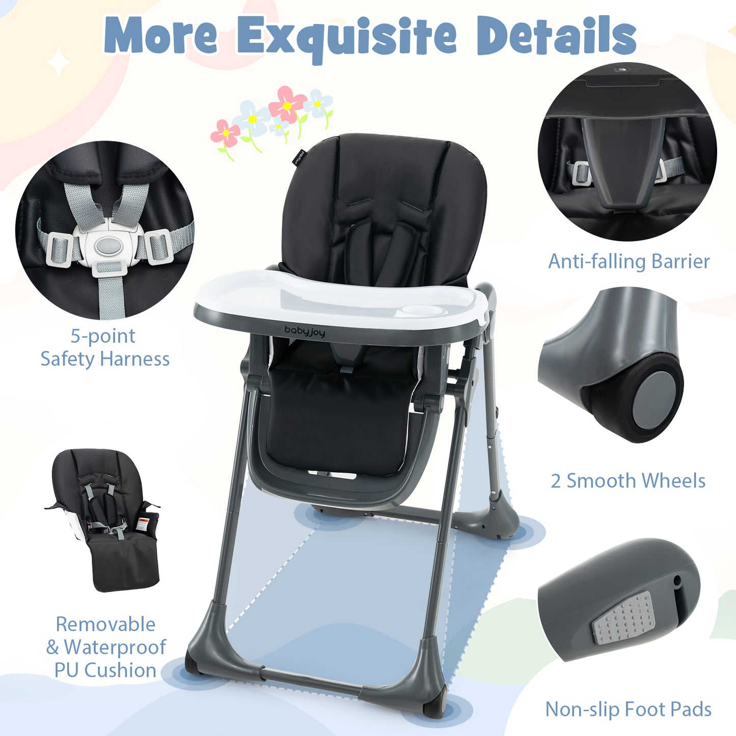 3-In-1 Convertible Baby High Chair for Toddlers-Black Kids Crystal