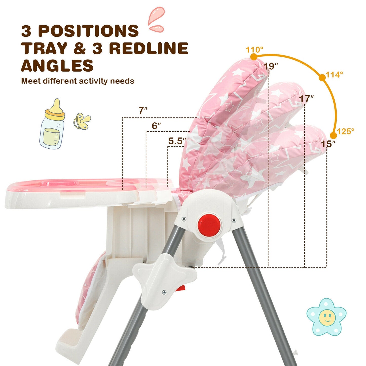 Folding Baby High Dining Chair with 6-Level Height Adjustment-Pink Kids Crystal