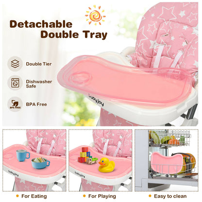 Folding Baby High Dining Chair with 6-Level Height Adjustment-Pink