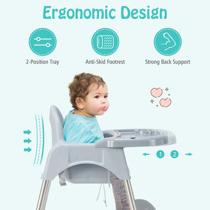 4-in-1 Convertible Baby High Chair with Removable Double Tray-Gray