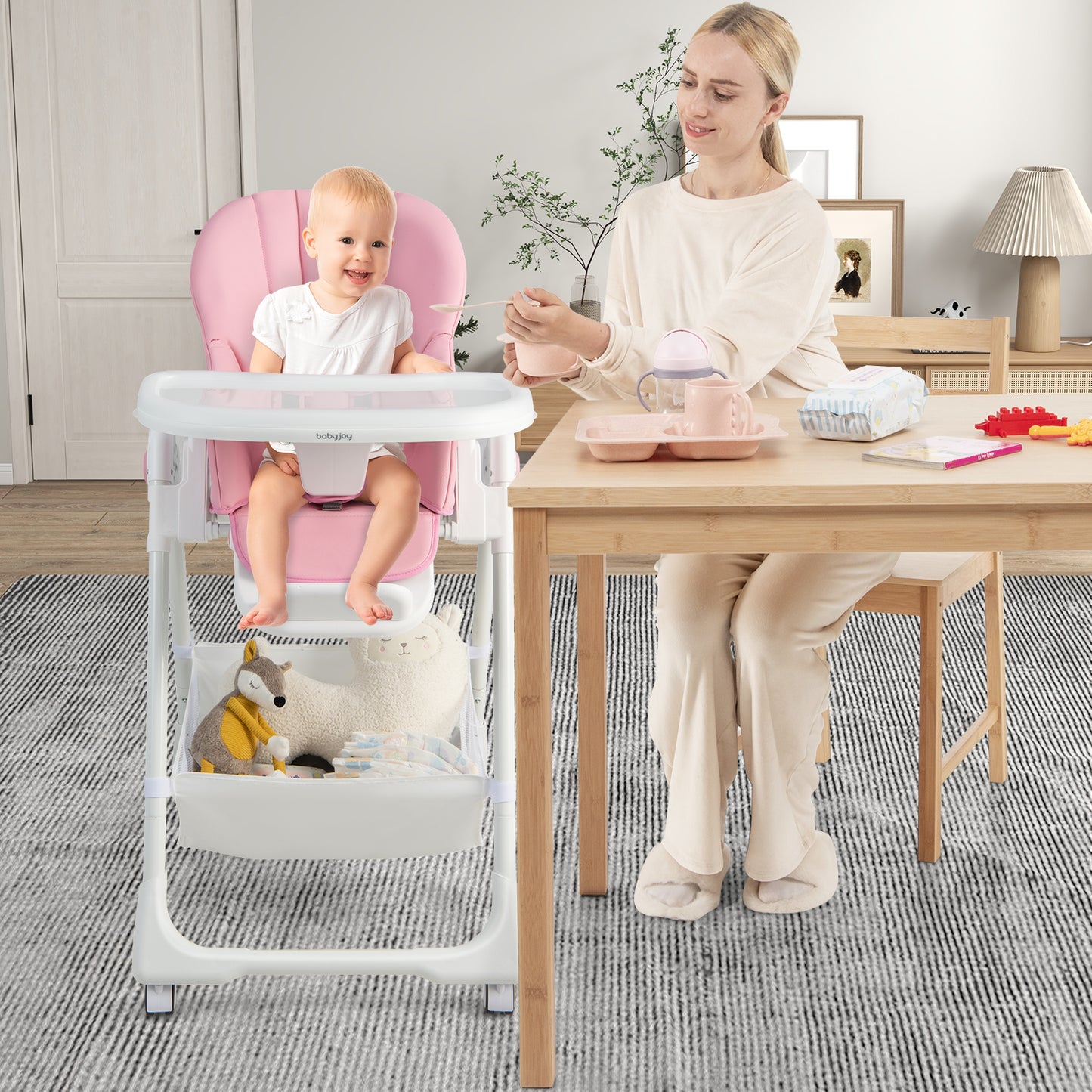 Convertible Infant Dining Chair with 5 Backrest and 3 Footrest Positions-Pink Kids Crystal