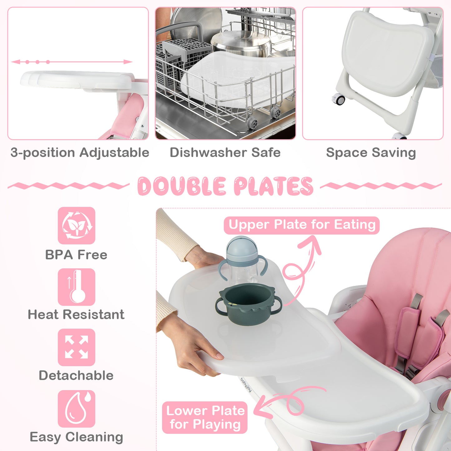 Convertible Infant Dining Chair with 5 Backrest and 3 Footrest Positions-Pink Kids Crystal