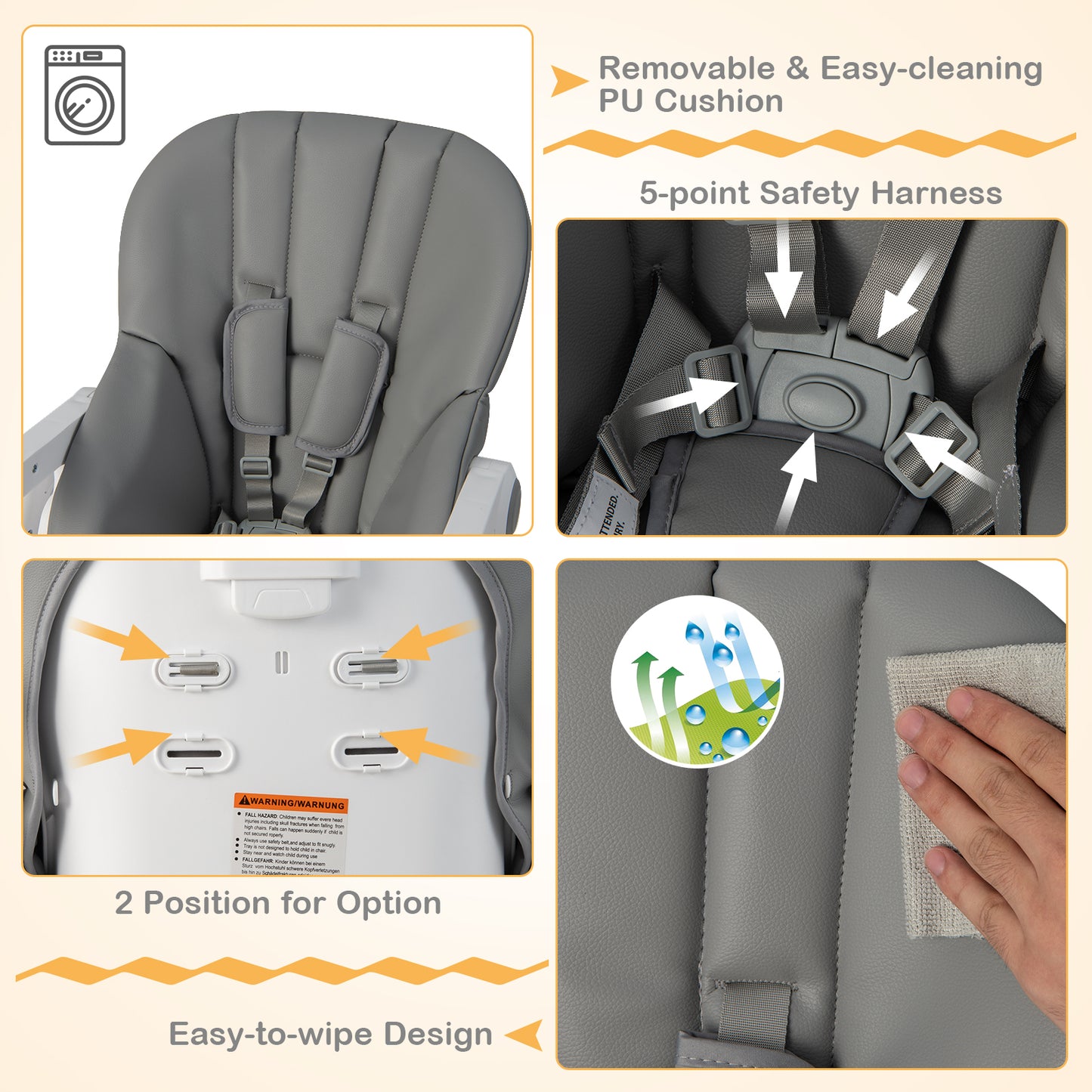 Convertible Infant Dining Chair with 5 Backrest and 3 Footrest Positions-Gray Kids Crystal
