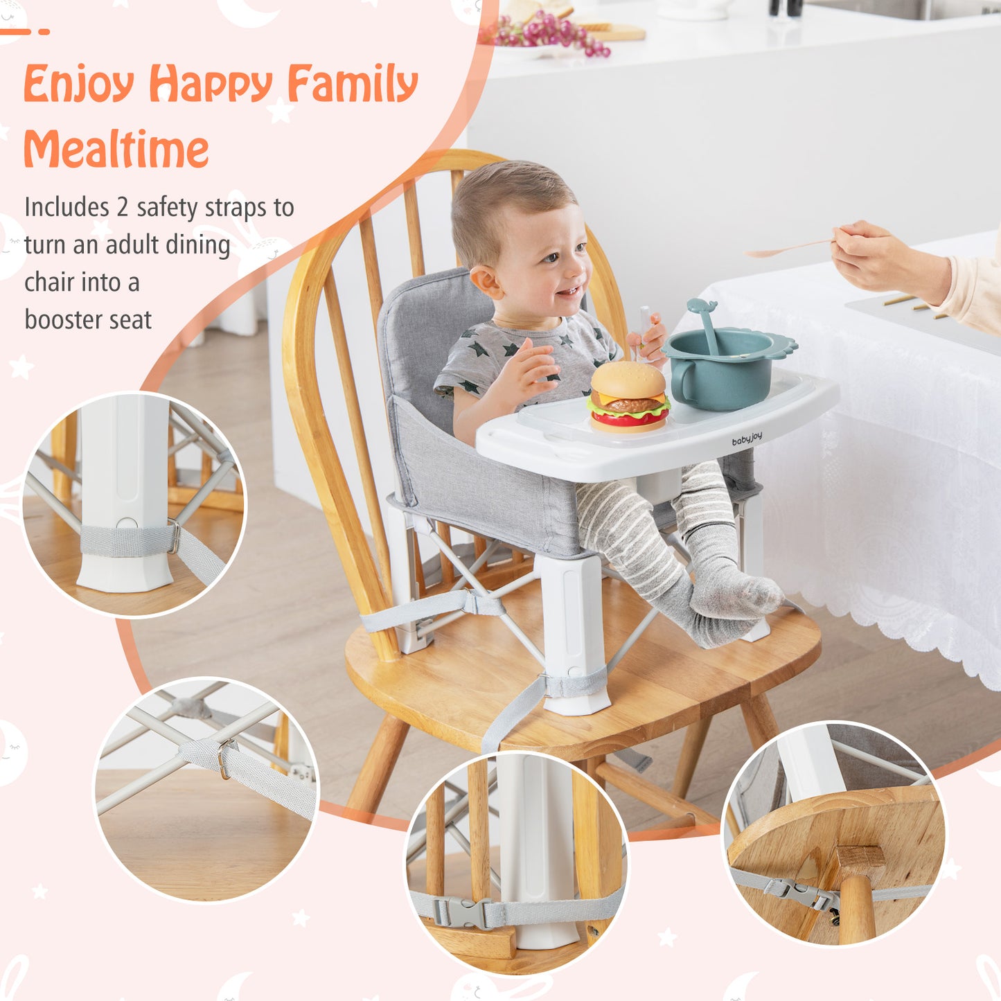 Portable Baby Booster Seat with Straps and Double Tray-Gray Kids Crystal