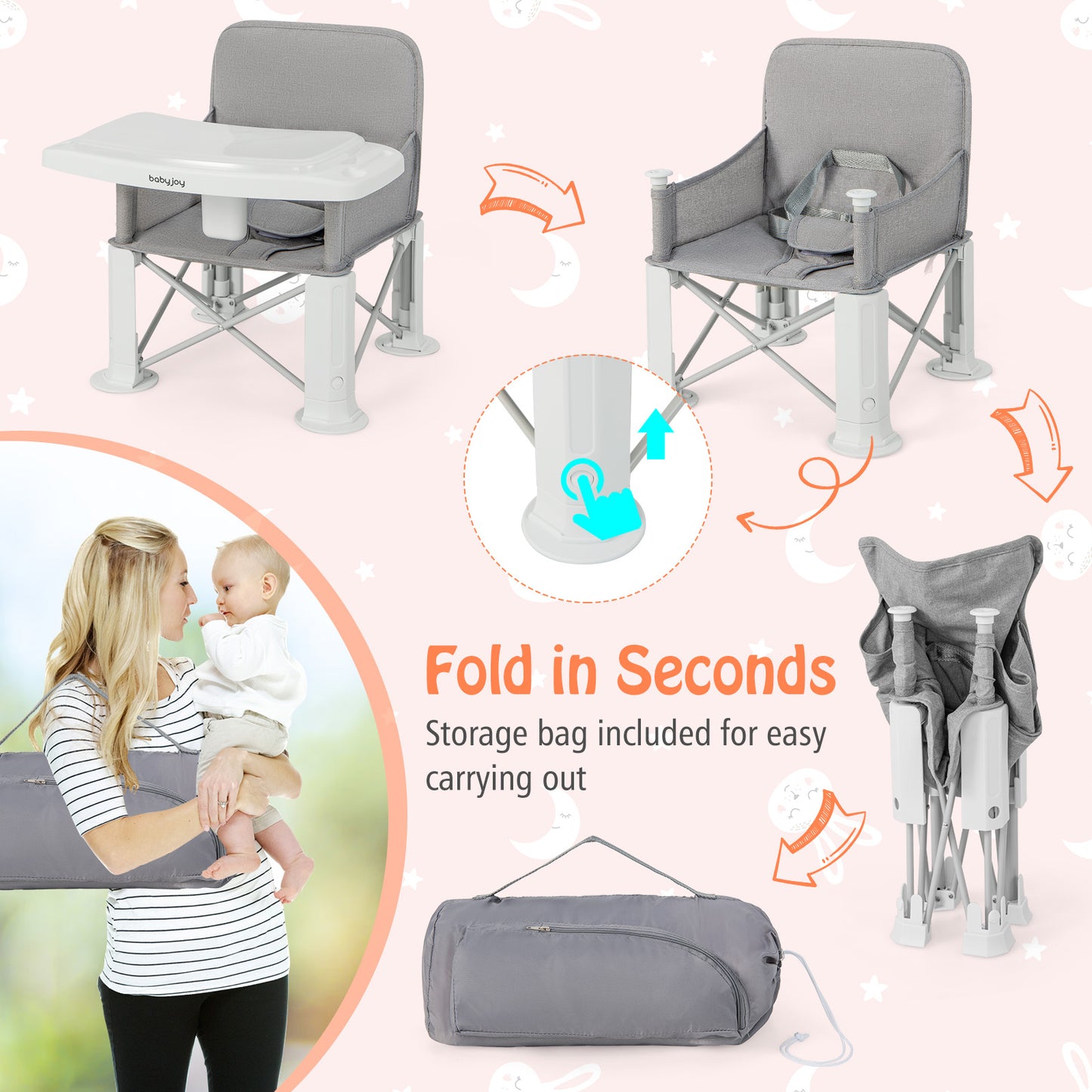 Portable Baby Booster Seat with Straps and Double Tray-Gray Kids Crystal