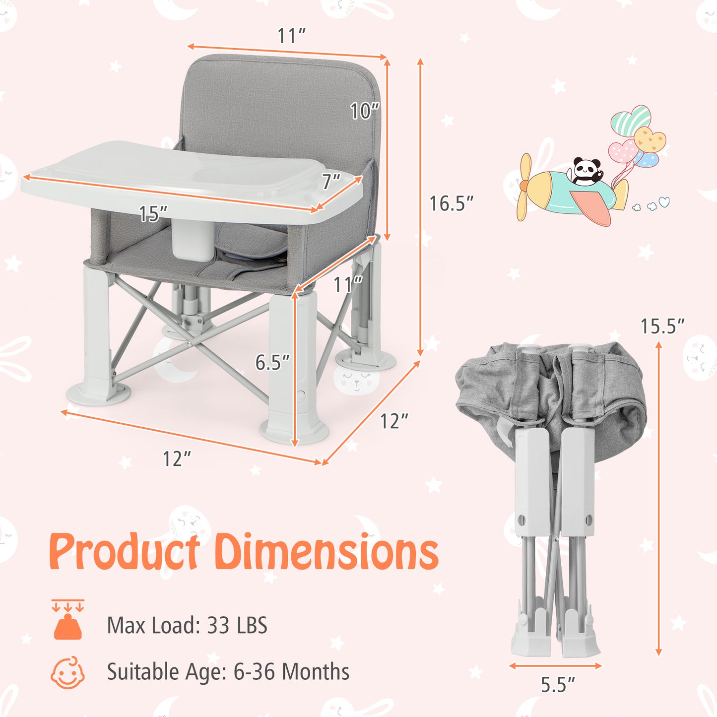Portable Baby Booster Seat with Straps and Double Tray-Gray Kids Crystal