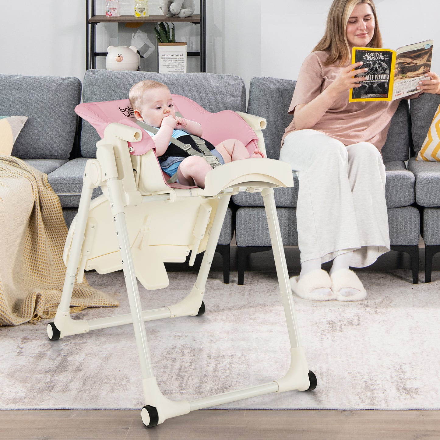 4-in-1 Baby High Chair with 6 Adjustable Heights-Pink Kids Crystal