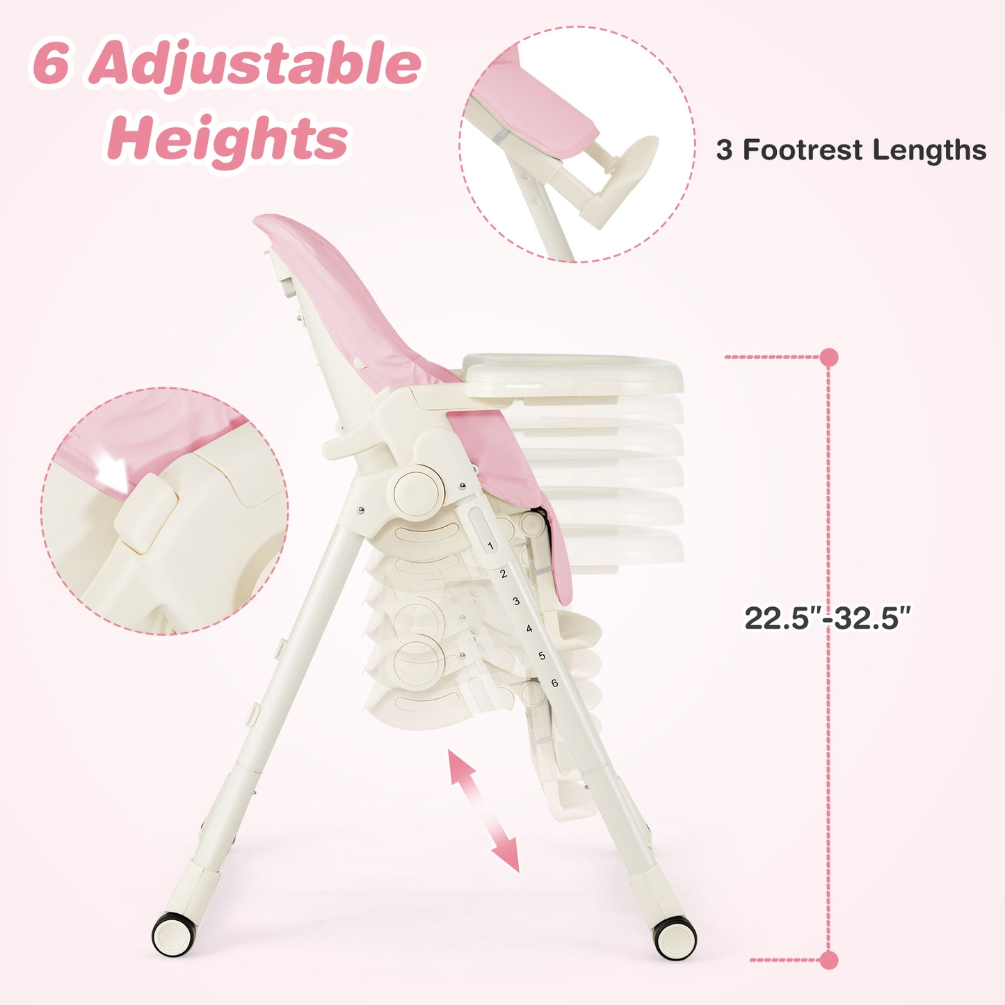 4-in-1 Baby High Chair with 6 Adjustable Heights-Pink Kids Crystal