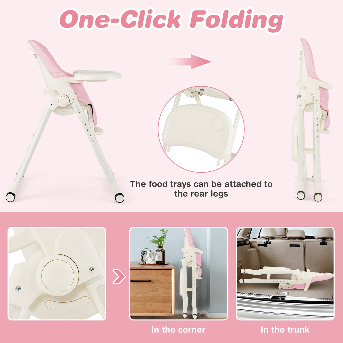 4-in-1 Baby High Chair with 6 Adjustable Heights-Pink Kids Crystal