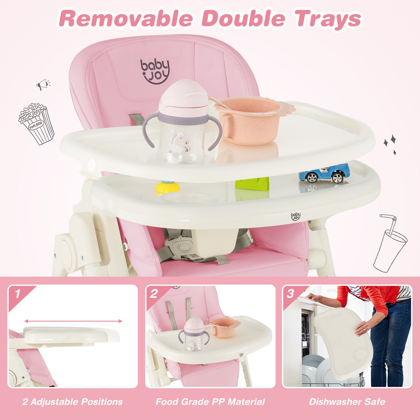 4-in-1 Baby High Chair with 6 Adjustable Heights-Pink Kids Crystal
