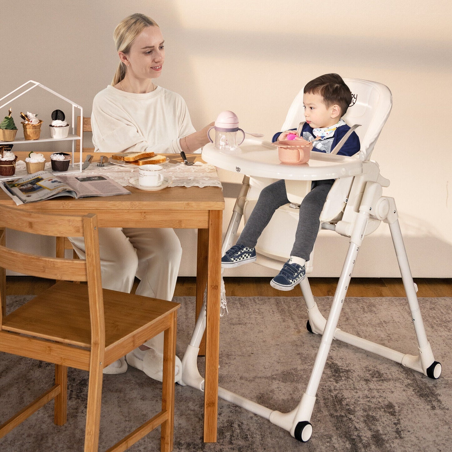 4-in-1 Baby High Chair with 6 Adjustable Heights-Beige Kids Crystal