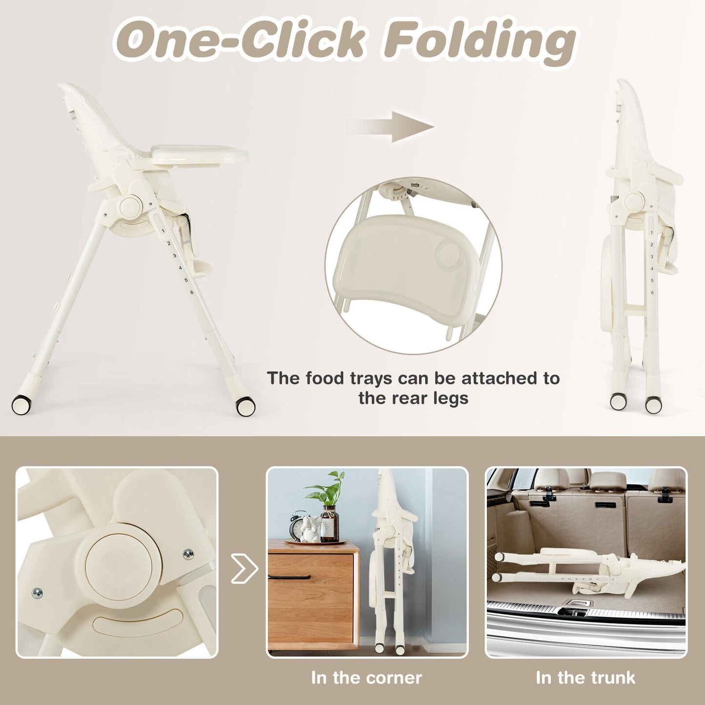 4-in-1 Baby High Chair with 6 Adjustable Heights-Beige Kids Crystal