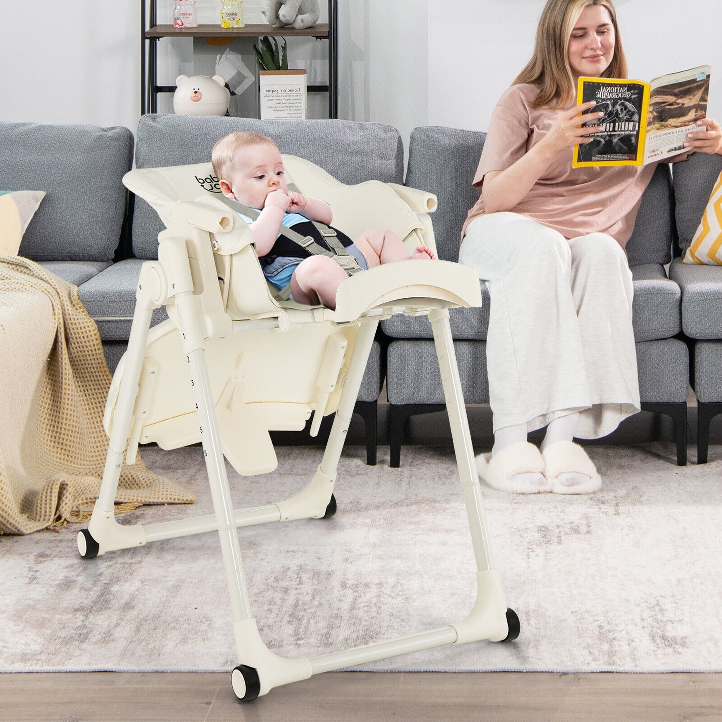 4-in-1 Baby High Chair with 6 Adjustable Heights-Beige Kids Crystal