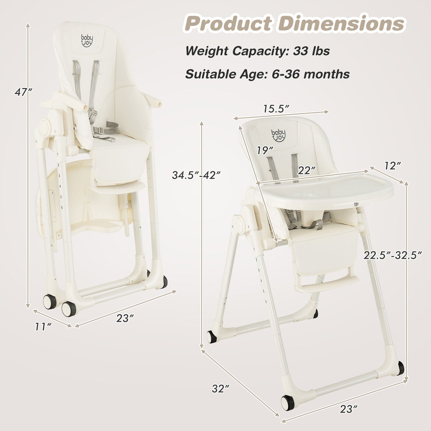 4-in-1 Baby High Chair with 6 Adjustable Heights-Beige Kids Crystal