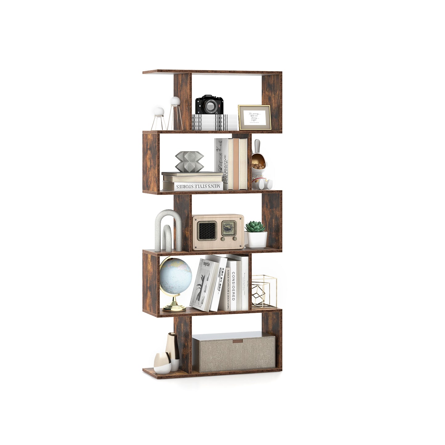 5-Tier Bookshelf with Anti-Toppling Device for Living Room Home Office-Rustic Brown Kids Crystal
