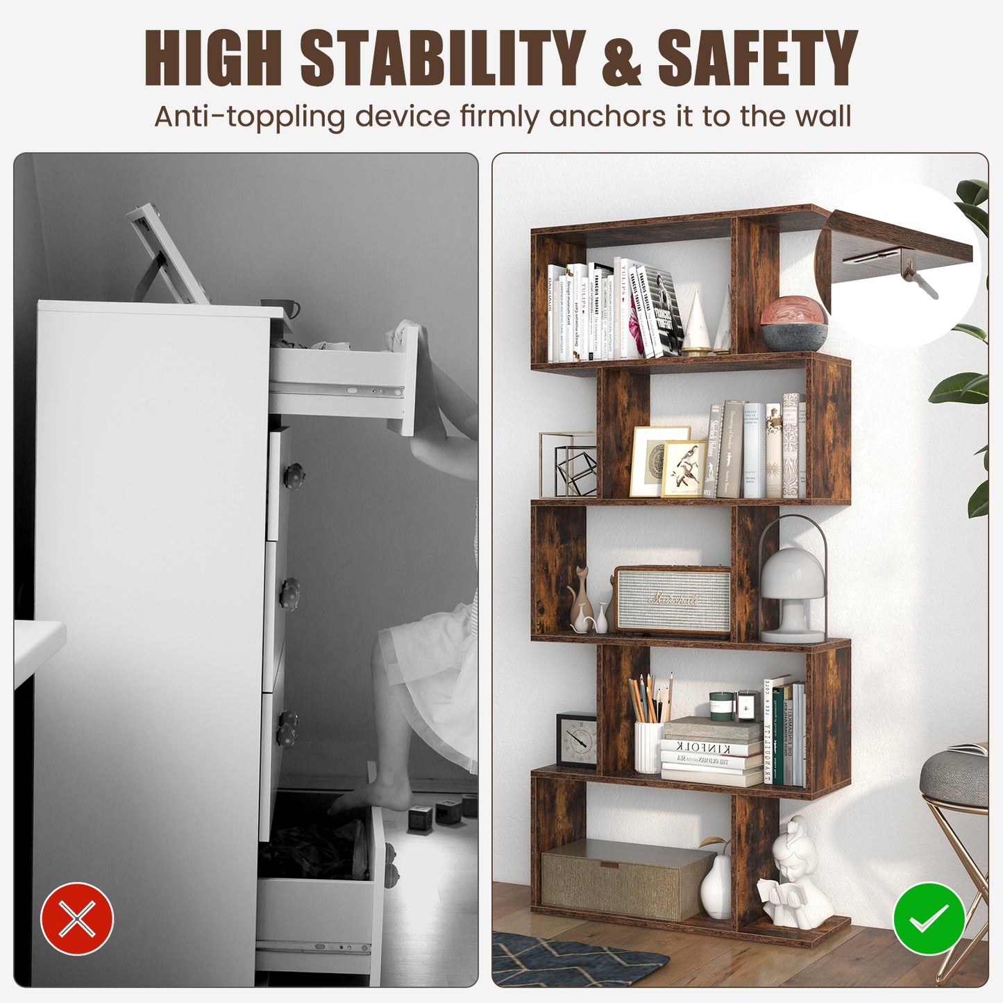 5-Tier Bookshelf with Anti-Toppling Device for Living Room Home Office-Rustic Brown Kids Crystal