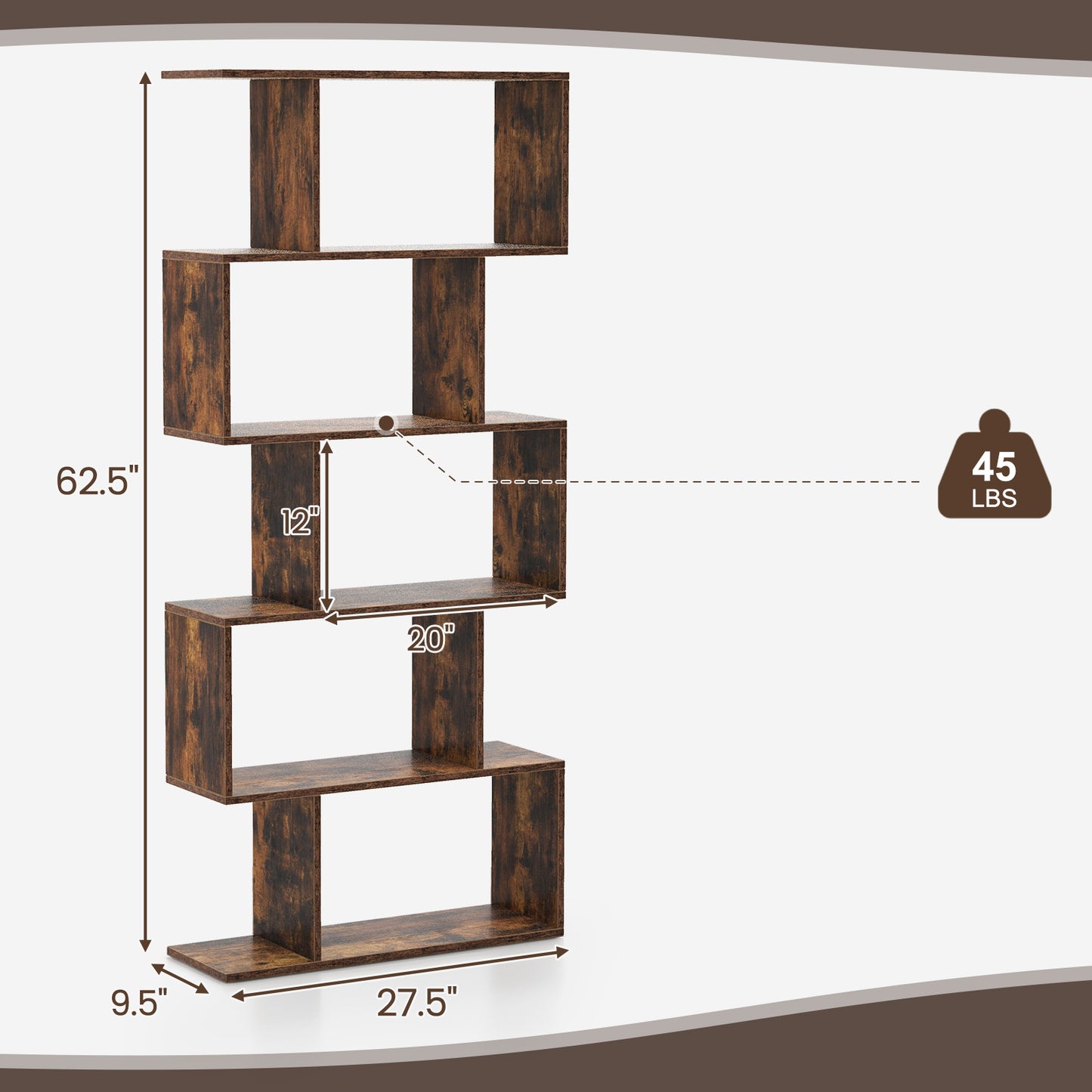 5-Tier Bookshelf with Anti-Toppling Device for Living Room Home Office-Rustic Brown Kids Crystal