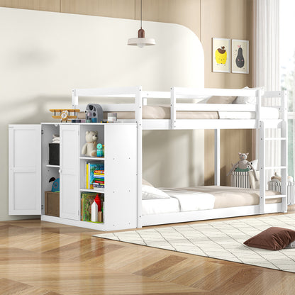 Twin Size Bunk Bed with Convertible Bookcase and Ladder-White
