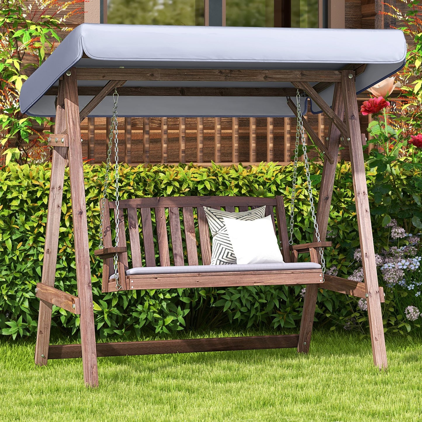 2-Person Porch Swing with Fir Wood Stand and Tilt Canopy-Brown Kids Crystal