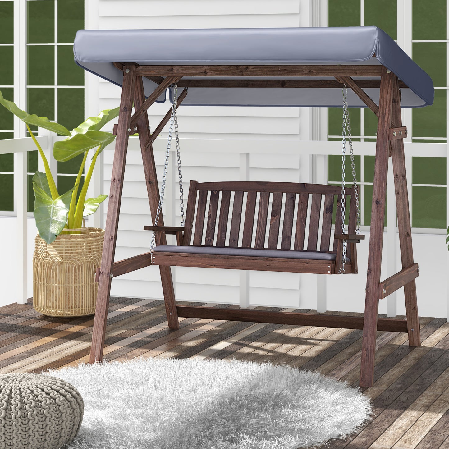 2-Person Porch Swing with Fir Wood Stand and Tilt Canopy-Brown Kids Crystal