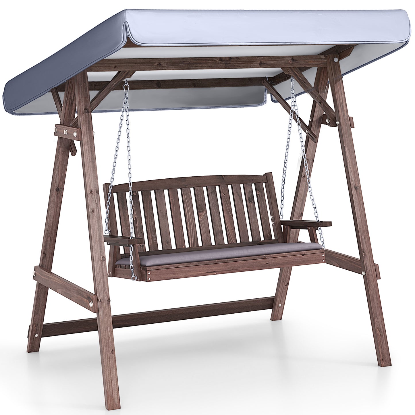 2-Person Porch Swing with Fir Wood Stand and Tilt Canopy-Brown Kids Crystal