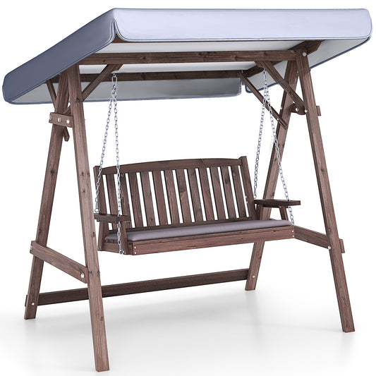 2-Person Porch Swing with Fir Wood Stand and Tilt Canopy-Brown