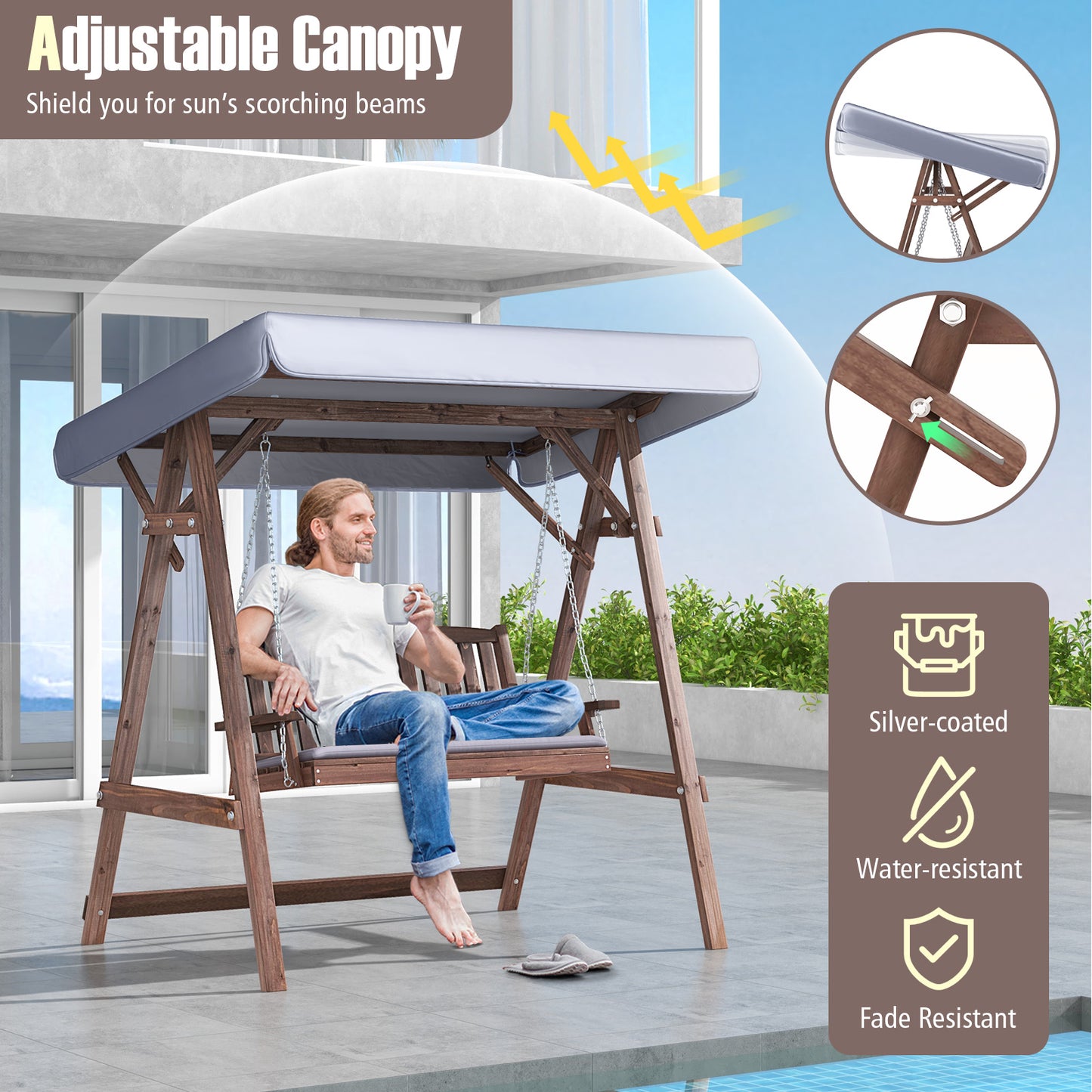 2-Person Porch Swing with Fir Wood Stand and Tilt Canopy-Brown Kids Crystal