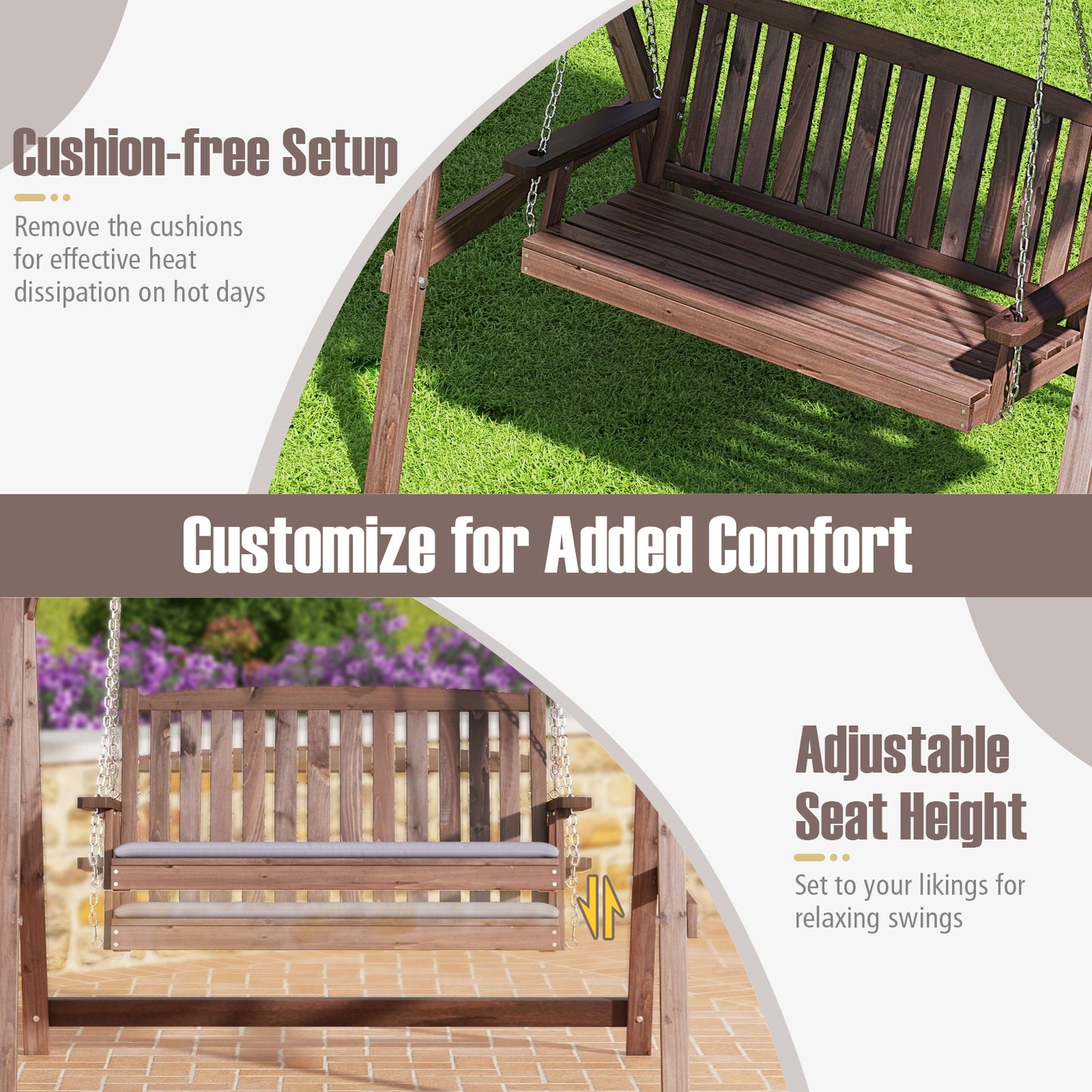 2-Person Porch Swing with Fir Wood Stand and Tilt Canopy-Brown Kids Crystal
