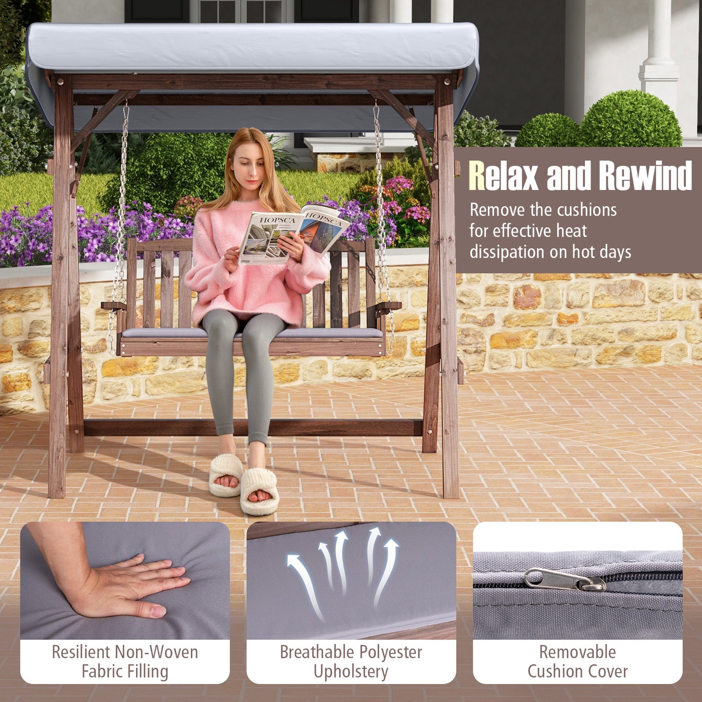 2-Person Porch Swing with Fir Wood Stand and Tilt Canopy-Brown Kids Crystal
