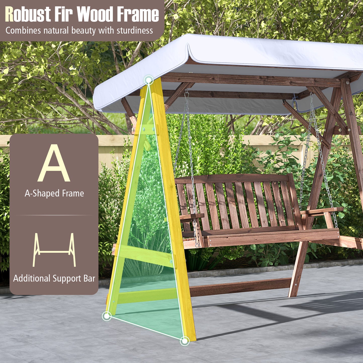 2-Person Porch Swing with Fir Wood Stand and Tilt Canopy-Brown Kids Crystal