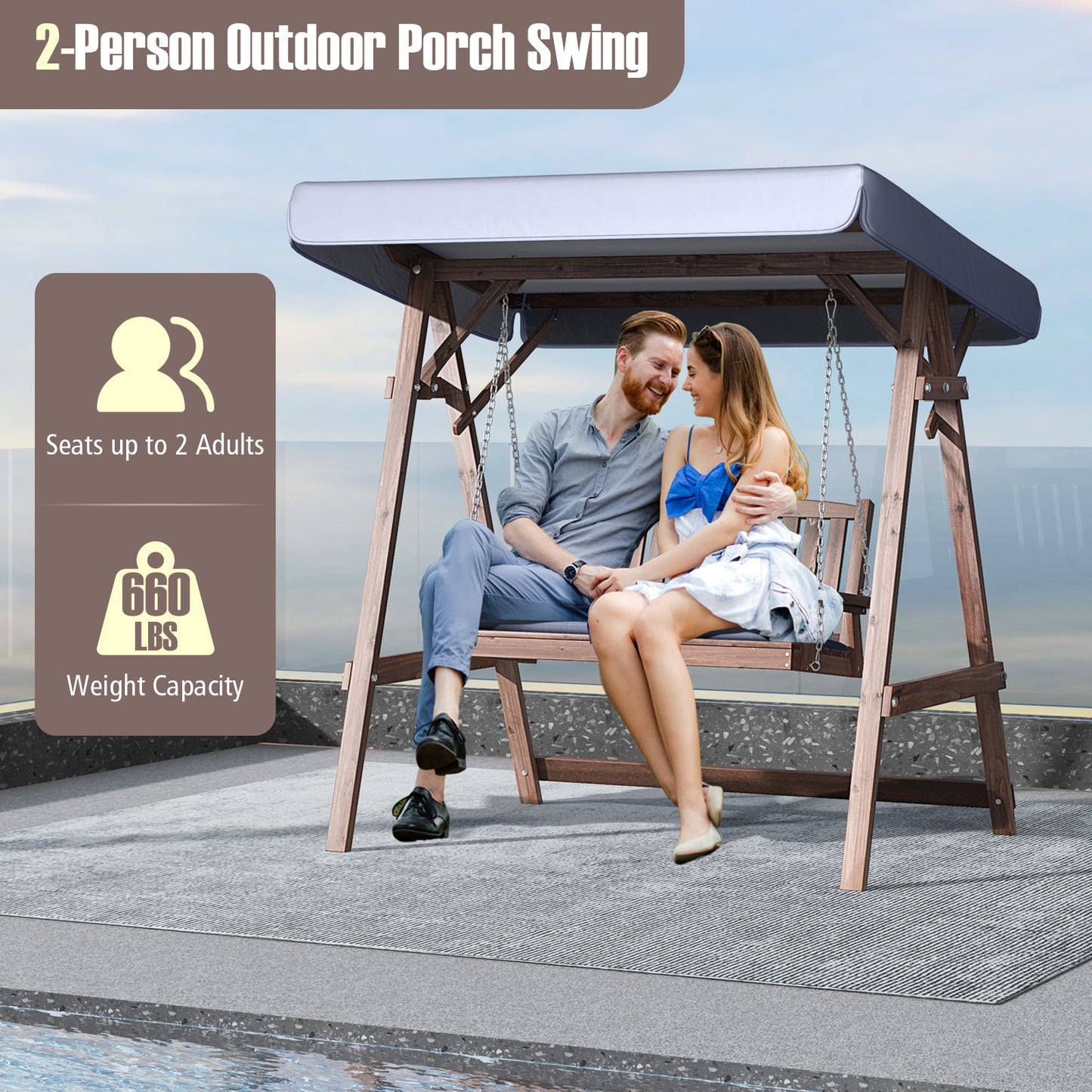 2-Person Porch Swing with Fir Wood Stand and Tilt Canopy-Brown Kids Crystal