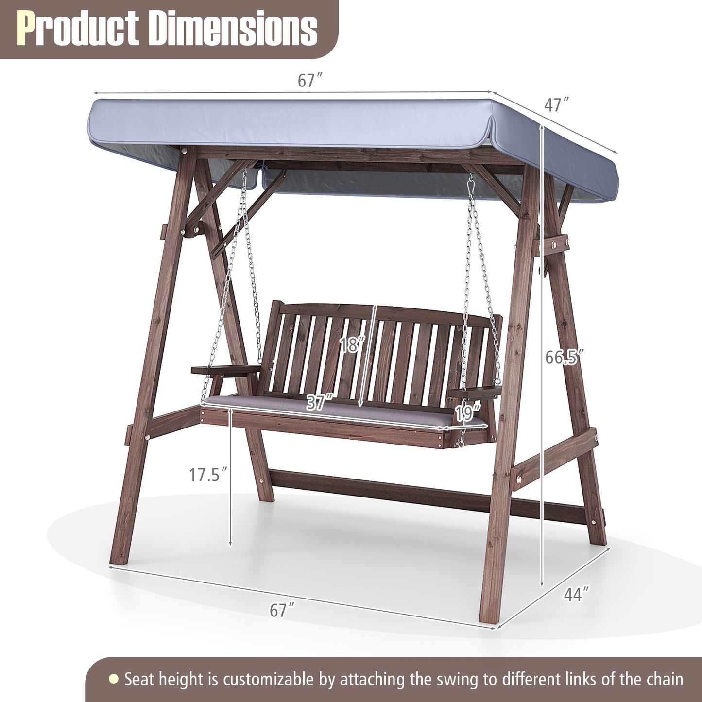 2-Person Porch Swing with Fir Wood Stand and Tilt Canopy-Brown Kids Crystal