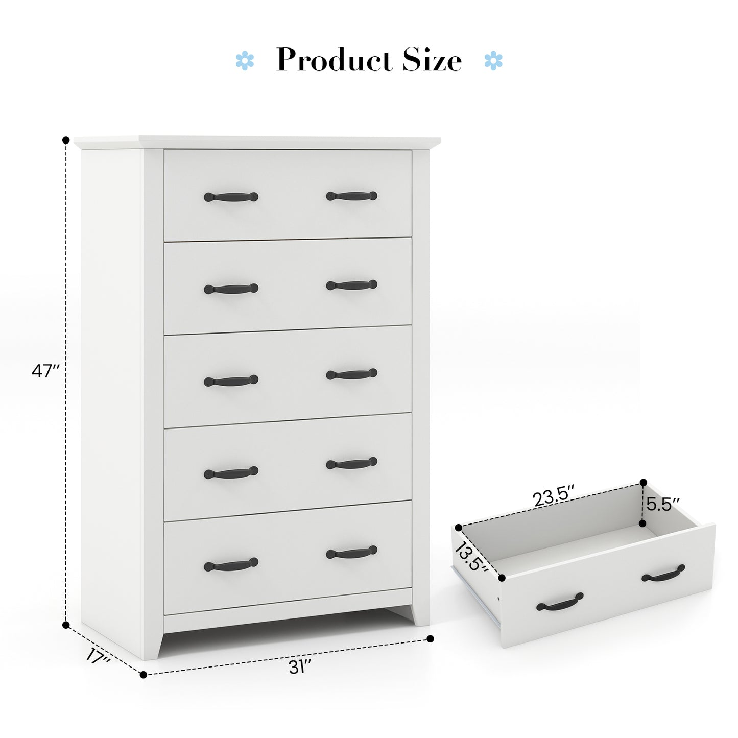 Tall Storage Dresser with 5 Pull-out Drawers for Bedroom Living Room-White Kids Crystal