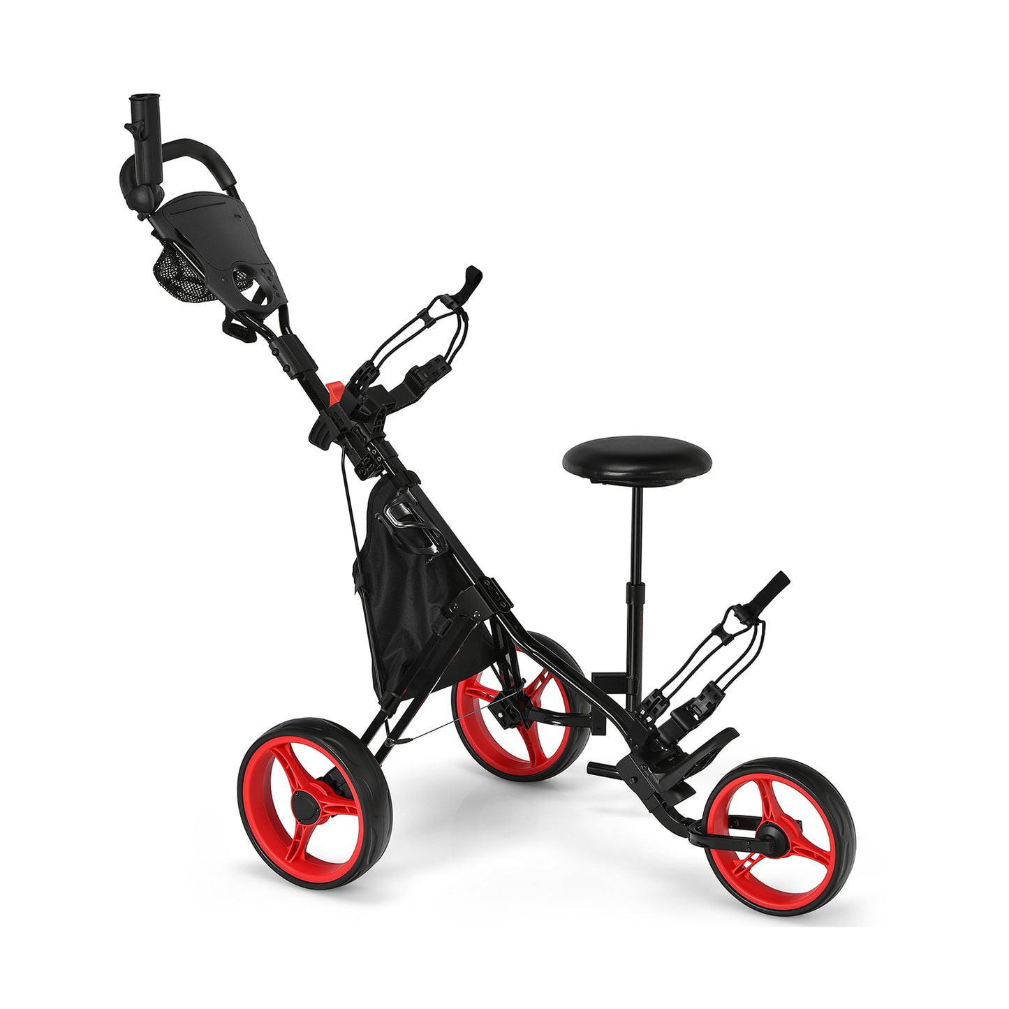 3 Wheels Folding Golf Push Cart with Seat Scoreboard and Adjustable Handle-Red Kids Crystal