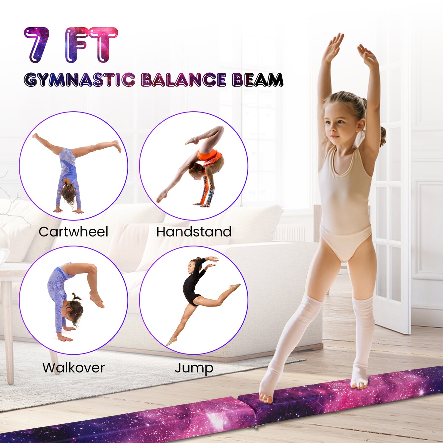 7 Feet Folding Portable Floor Balance Beam with Handles for Gymnasts-Transparent Kids Crystal