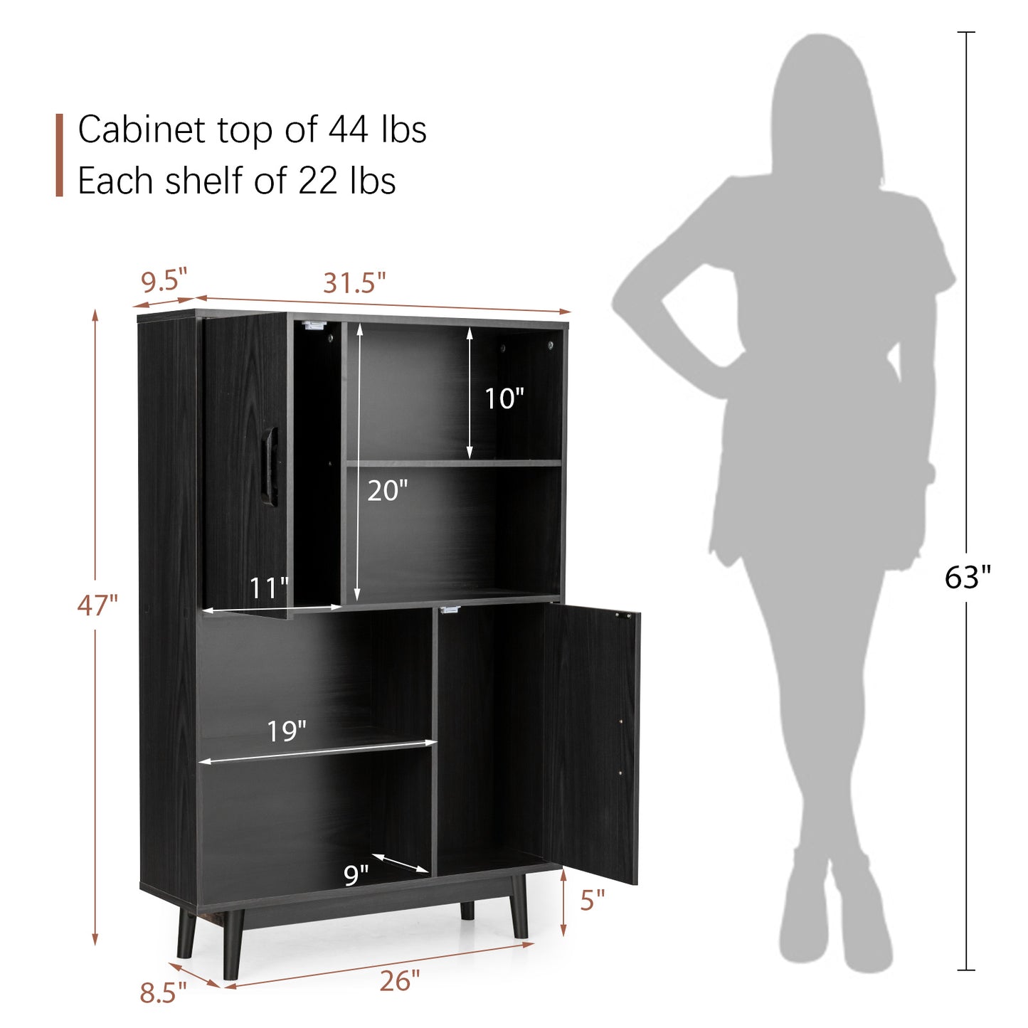 Sideboard Storage Cabinet with Door Shelf-Black Kids Crystal