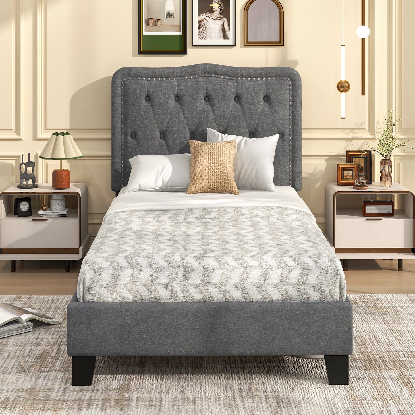 Twin Size Bed Frame with 46 Inch Tall Button Tufted Headboard-Gray Kids Crystal