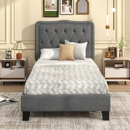 Twin Size Bed Frame with 46 Inch Tall Button Tufted Headboard-Gray