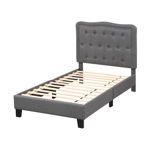 Twin Size Bed Frame with 46 Inch Tall Button Tufted Headboard-Gray Kids Crystal