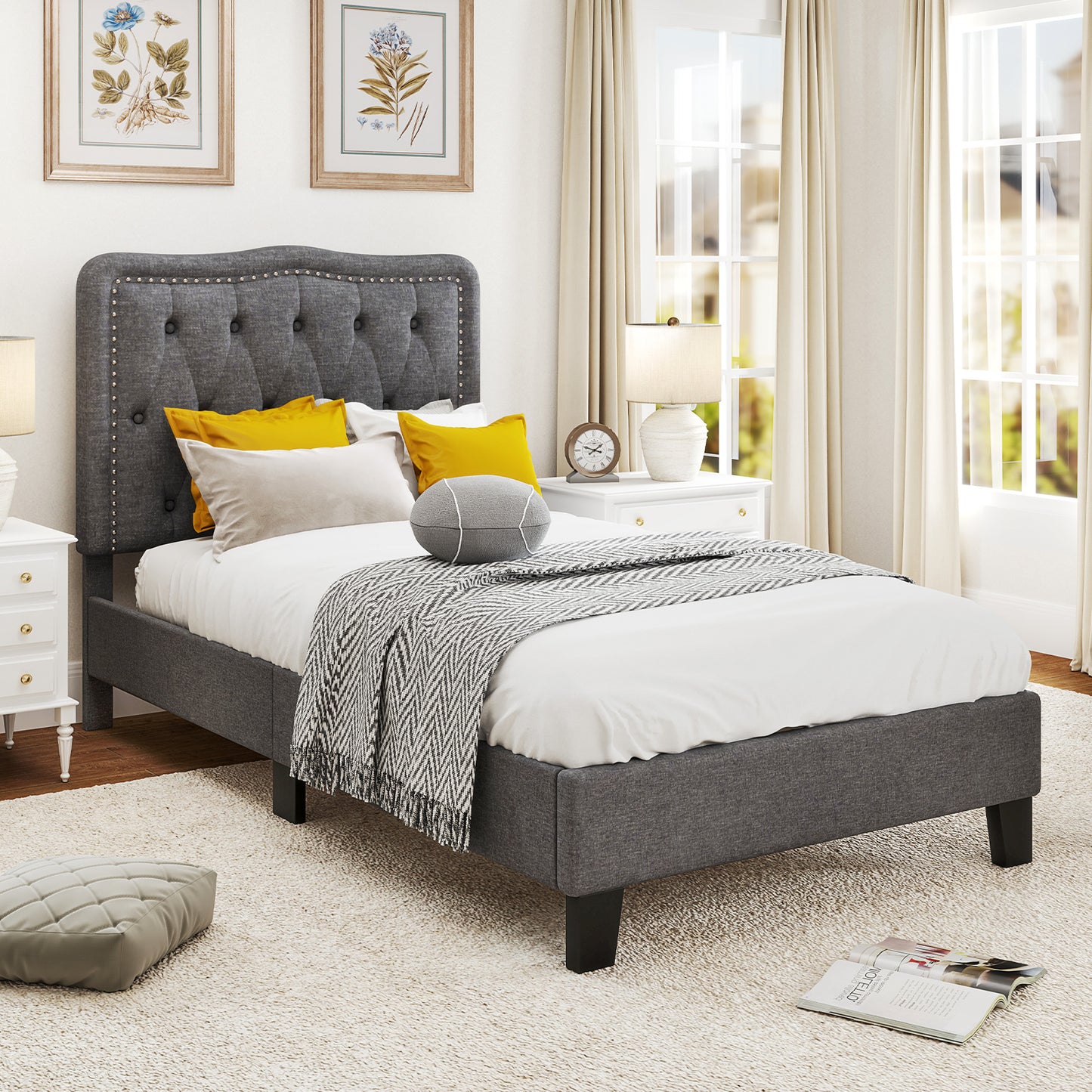 Twin Size Bed Frame with 46 Inch Tall Button Tufted Headboard-Gray Kids Crystal