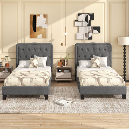 Twin Size Bed Frame with 46 Inch Tall Button Tufted Headboard-Gray
