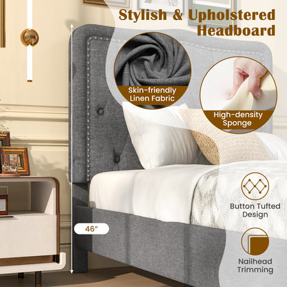 Twin Size Bed Frame with 46 Inch Tall Button Tufted Headboard-Gray